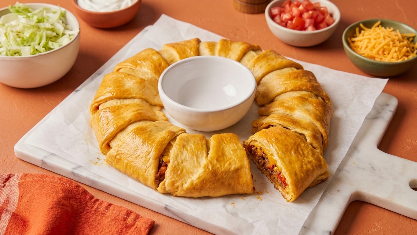 A freshly baked crescent roll taco ring on a baking sheet, golden and glossy, cooling on a kitchen counter with small bowls of toppings nearby