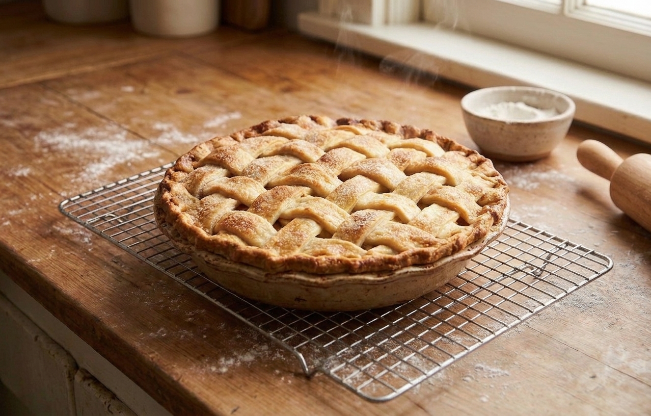 A freshly baked double-crust apple pie cooling on a wire rack on a kitchen counter with warm natural light
