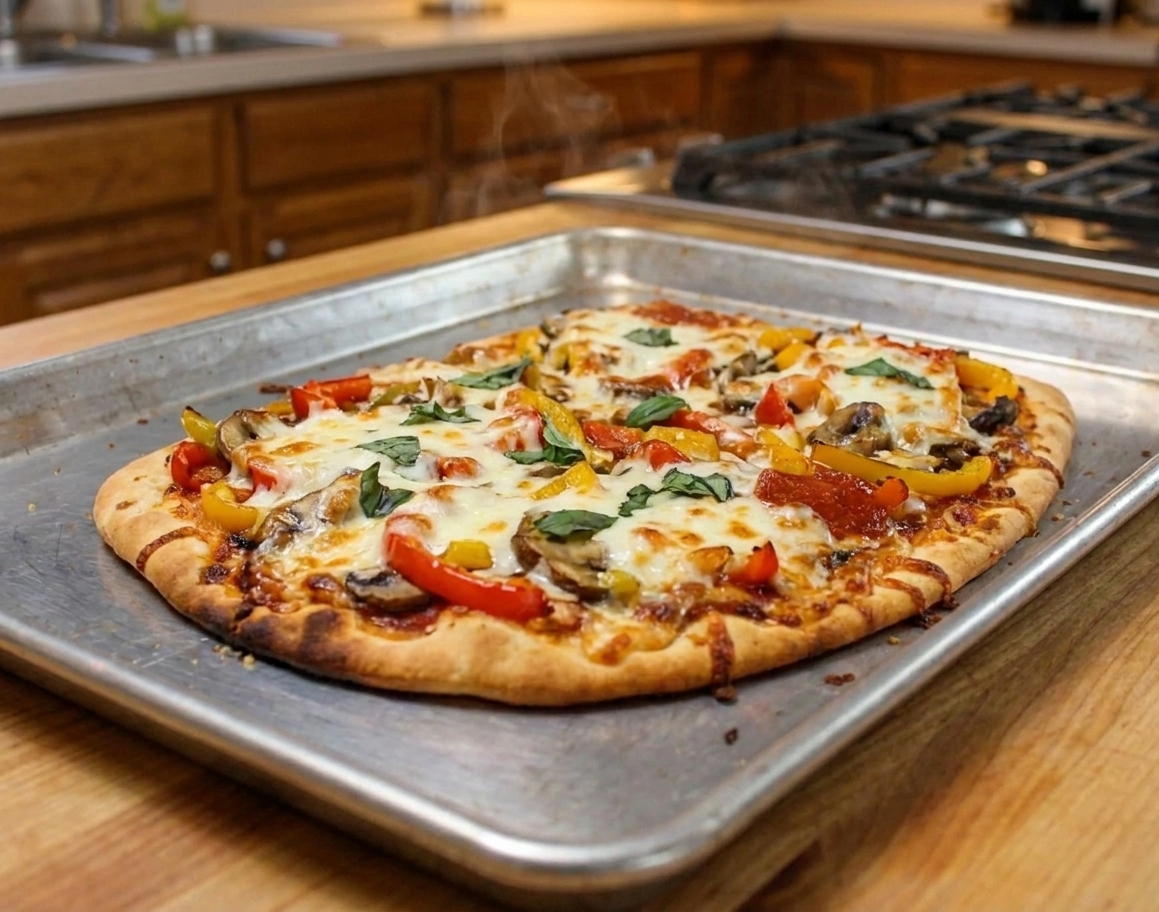 A freshly baked flatbread pizza on a metal sheet pan with bubbling mozzarella, browned edges, and scattered basil on a warm kitchen counter