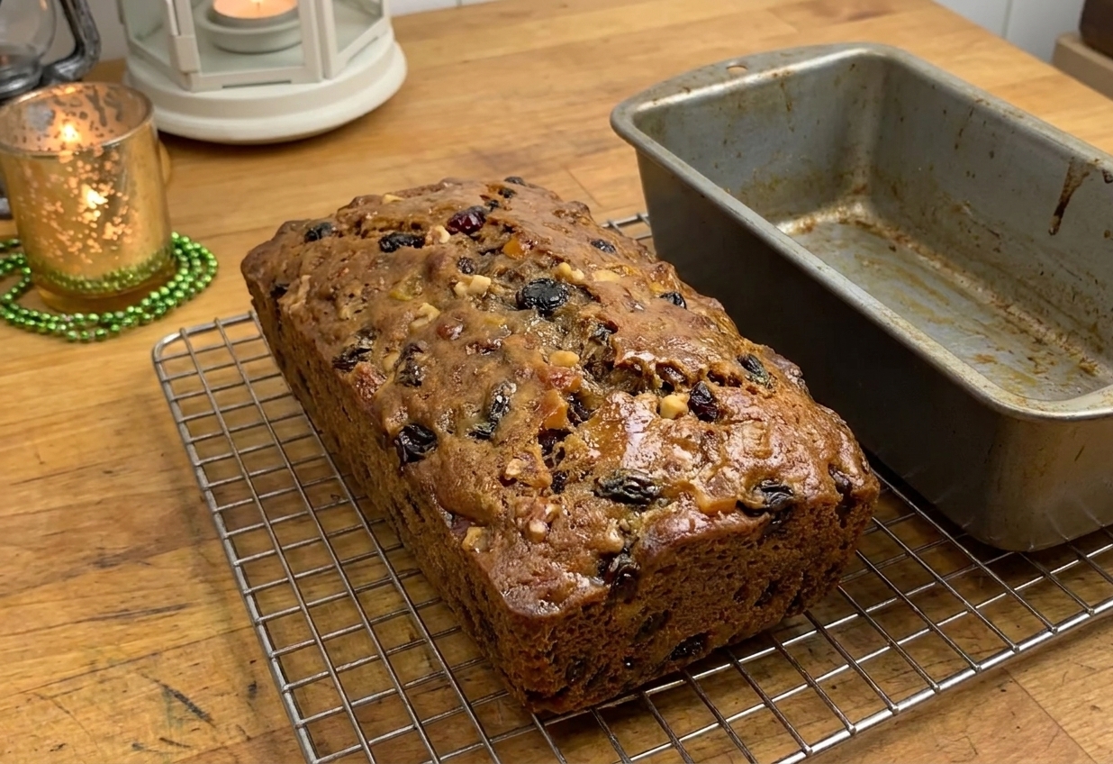 A freshly baked fruit cake loaf resting out of the pan on a wire rack on a warm kitchen counter