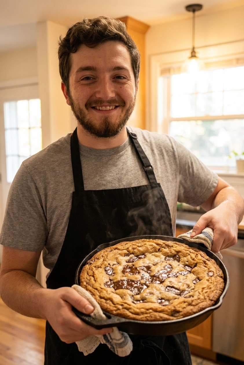 A freshly baked giant chocolate chip cookie in a black cast iron skillet with crisp golden edges and a gooey center, warm kitchen lighting