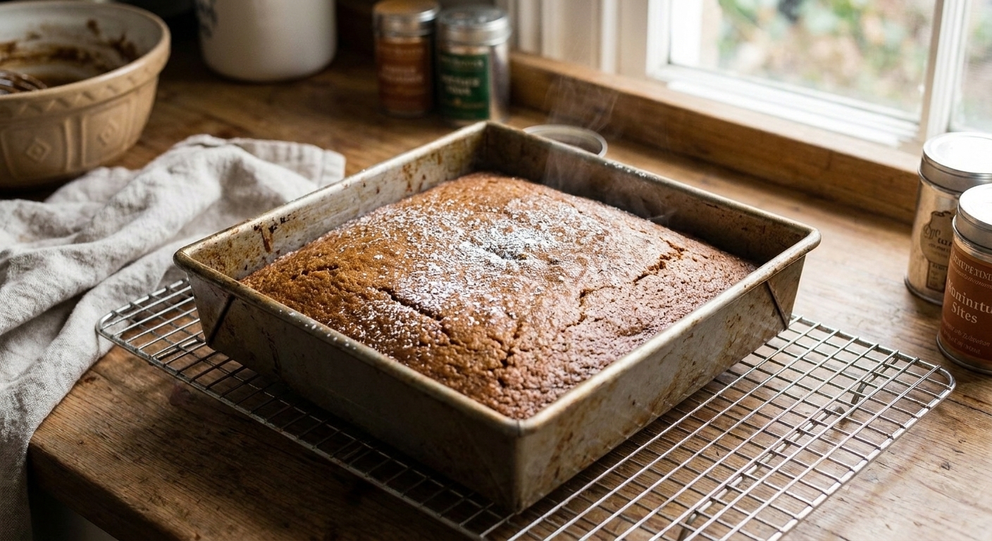 A freshly baked gingerbread cake in a square baking pan resting on a cooling rack on a kitchen counter