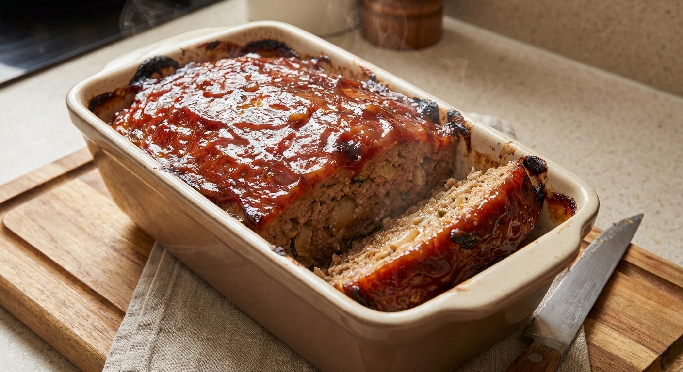 A freshly baked glazed meatloaf resting in a loaf pan with a shiny ketchup and brown sugar glaze, sliced to show a juicy interior