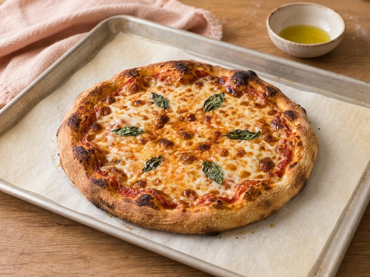 A freshly baked gluten-free pizza on a sheet pan with browned bubbly cheese and crisp golden edges on a kitchen counter