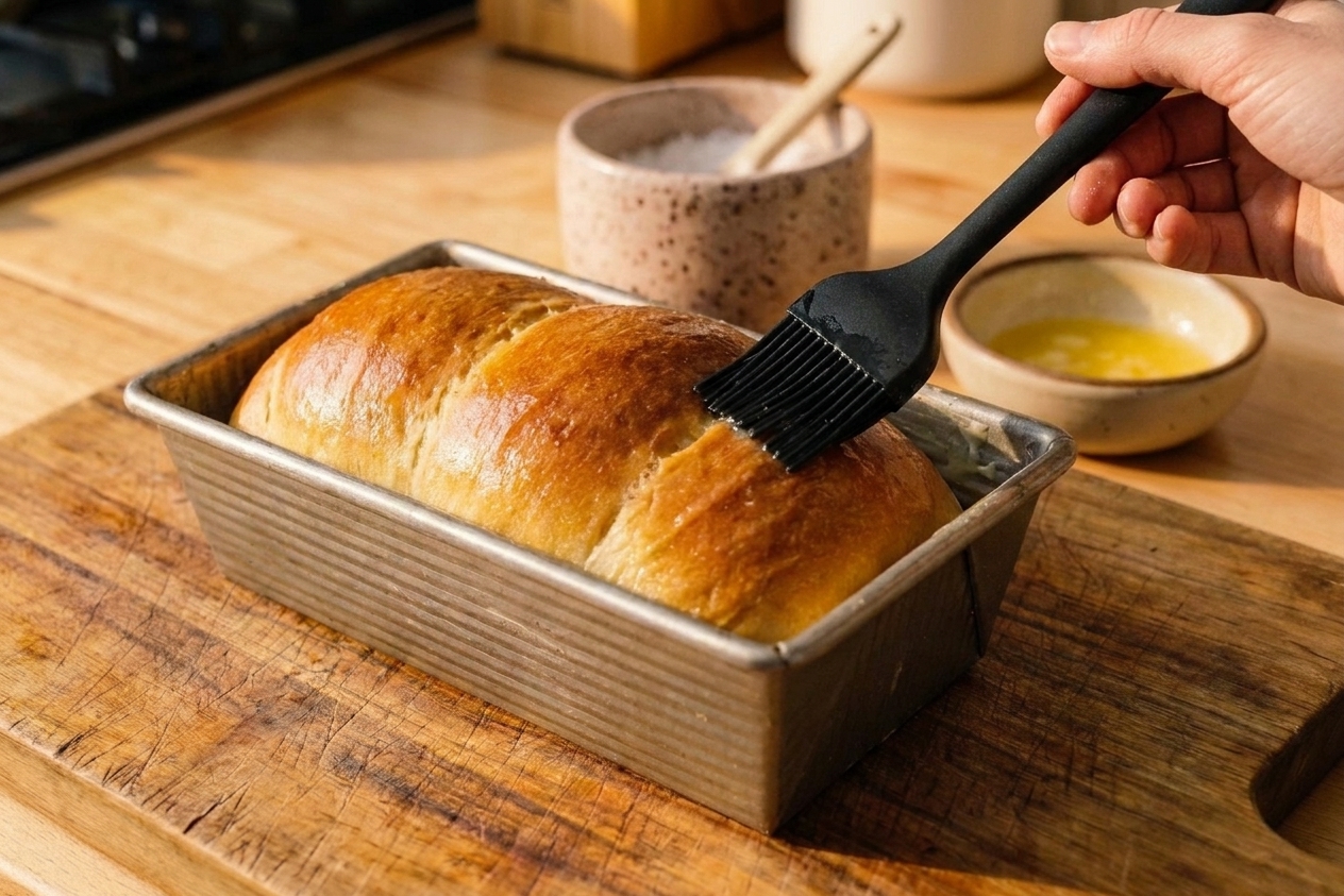 A freshly baked golden loaf in a pan being brushed with melted butter using a pastry brush