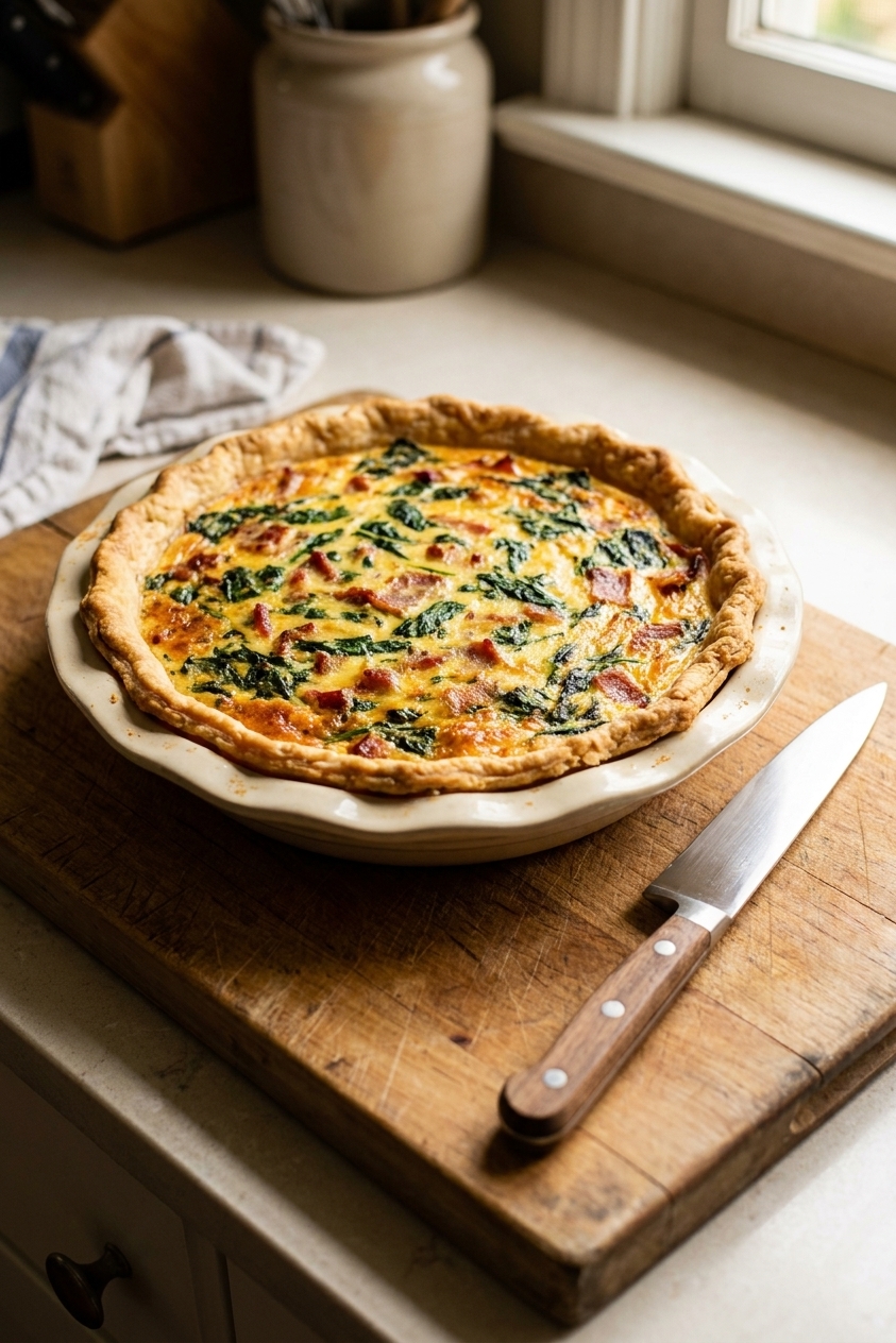 A freshly baked golden quiche in a ceramic pie dish on a wooden cutting board, with a knife ready to slice