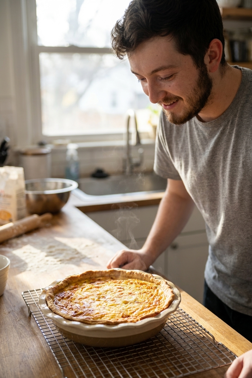 A freshly baked golden quiche in a pie dish resting on a wire cooling rack on a kitchen counter, steam faintly visible, natural light
