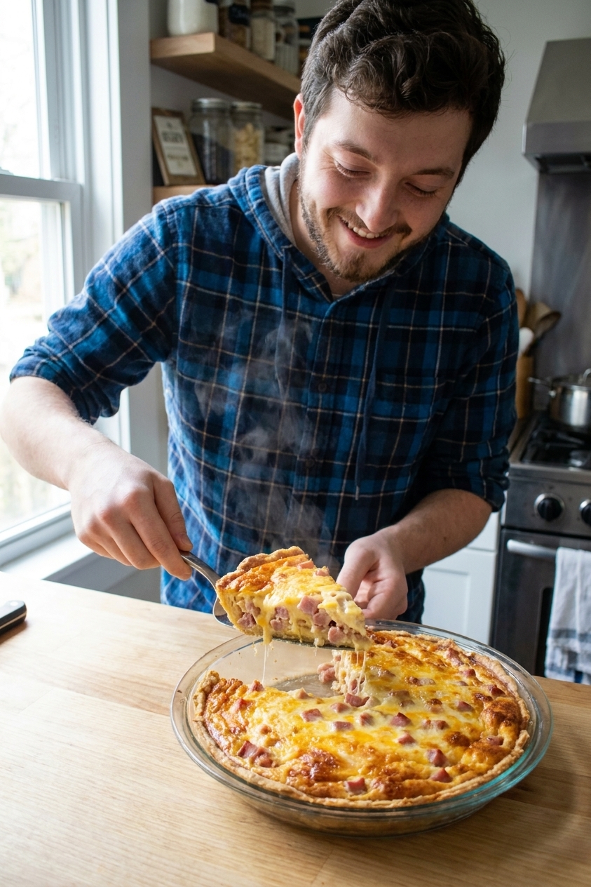 A freshly baked ham and cheese quiche in a glass pie dish on a bright kitchen counter, with a golden browned top and a slice being lifted out