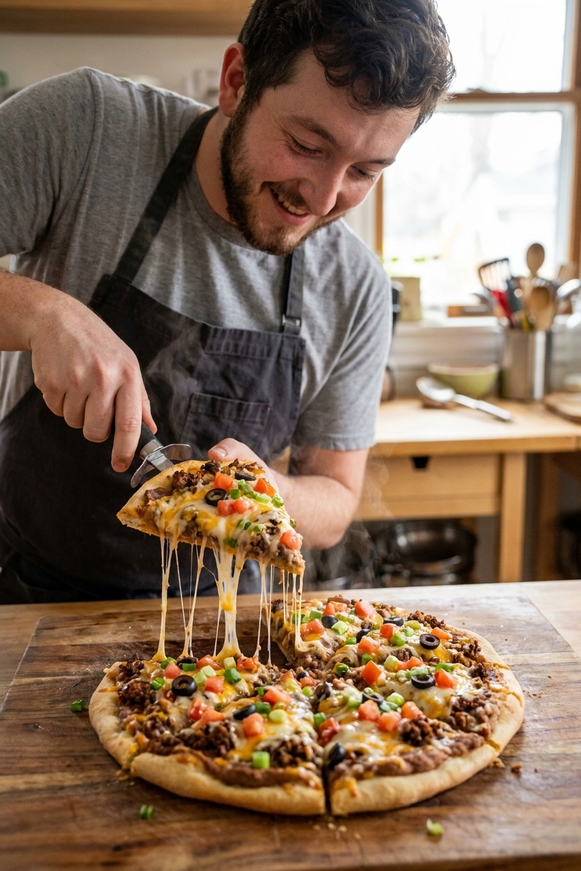 A freshly baked homemade Mexican pizza being cut into quarters with melted cheese stretching and diced tomatoes on top, real food photography