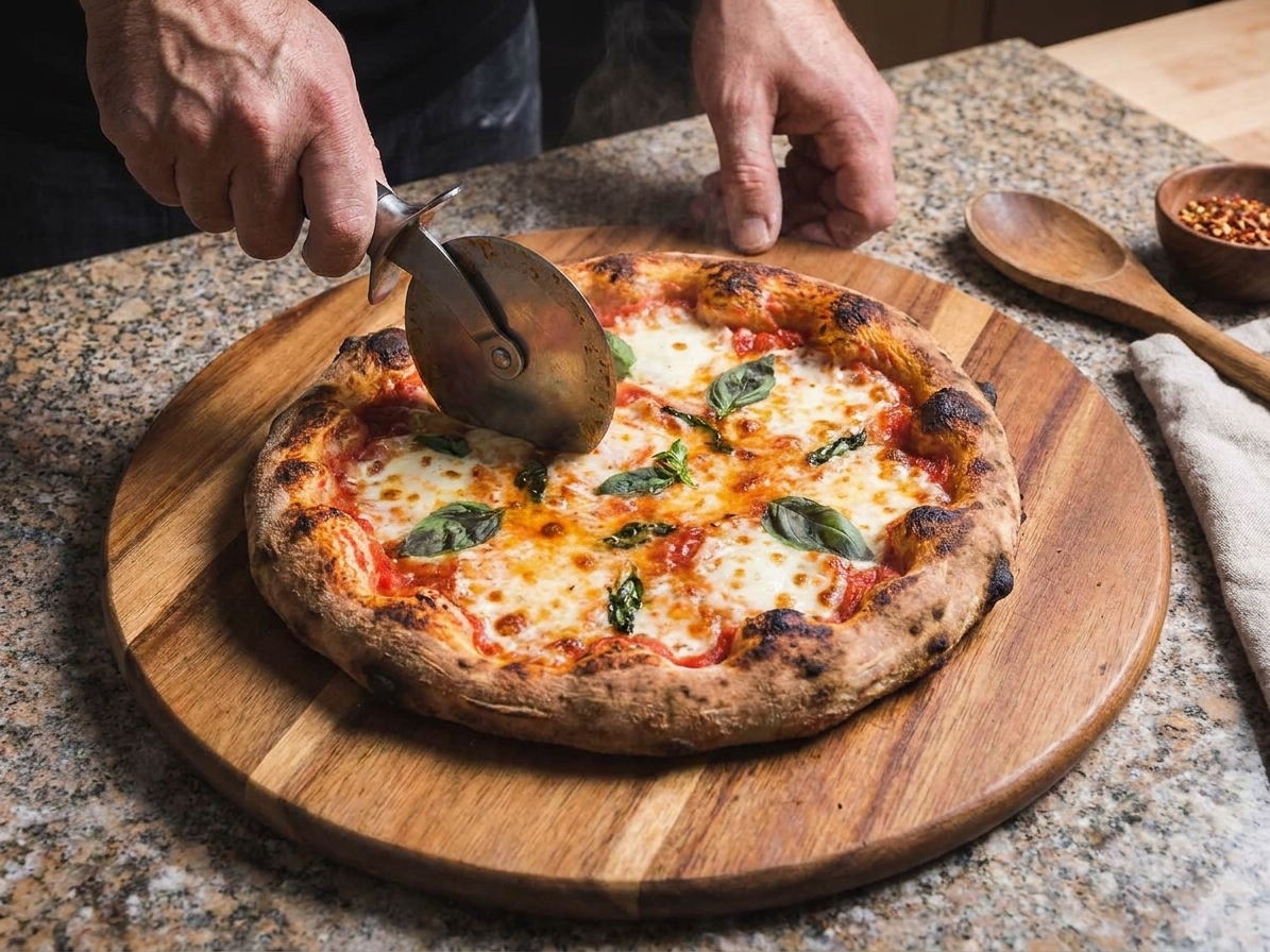 A freshly baked homemade pizza on a wooden cutting board with browned crust edges and melted cheese, ready to slice