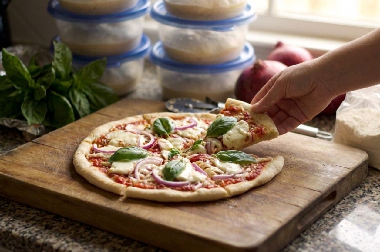 A freshly baked homemade pizza sliced on a wooden cutting board on a kitchen table