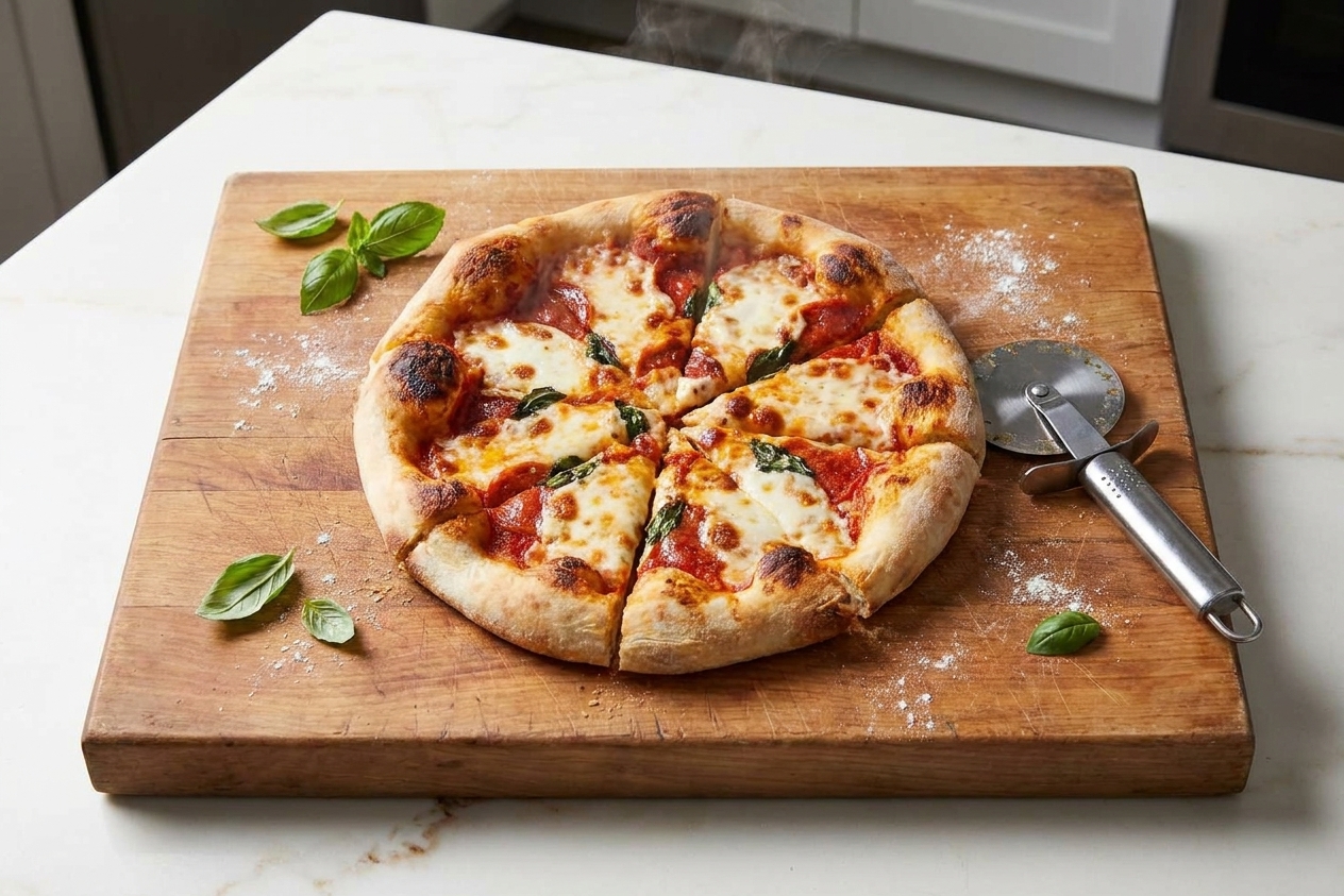 A freshly baked homemade pizza sliced on a wooden cutting board on a kitchen counter, with crisp browned crust and melted cheese