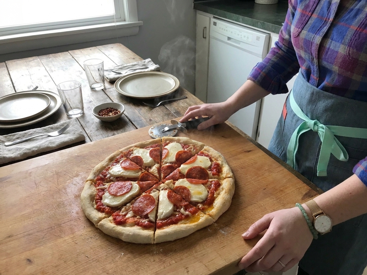 A freshly baked homemade pizza sliced on a wooden cutting board with a simple table setting in the background