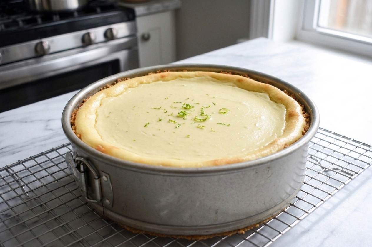 A freshly baked key lime cheesecake in a springform pan with a smooth top and set edges