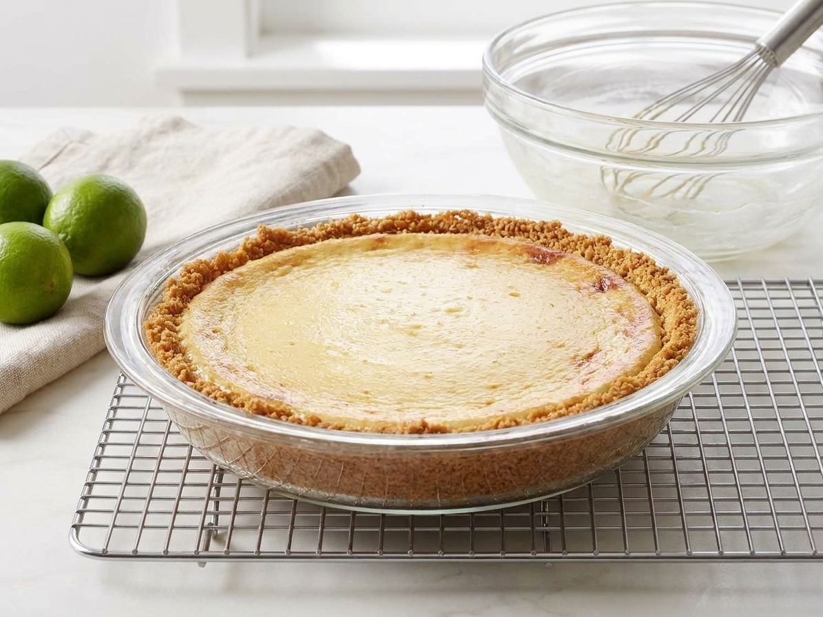 A freshly baked key lime pie cooling on a wire rack on a kitchen counter