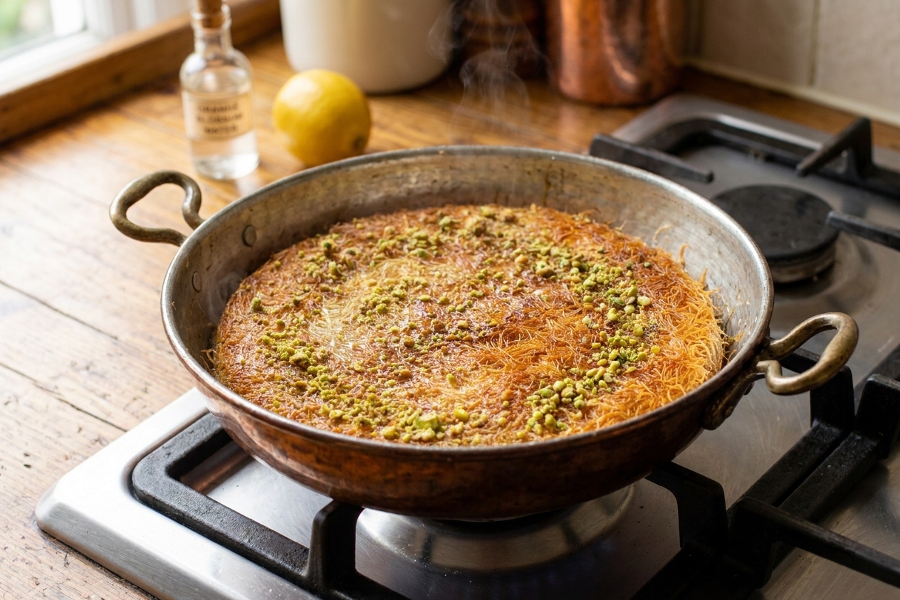 A freshly baked knafeh in a skillet with a deeply golden, crisp kataifi surface cooling on a stovetop