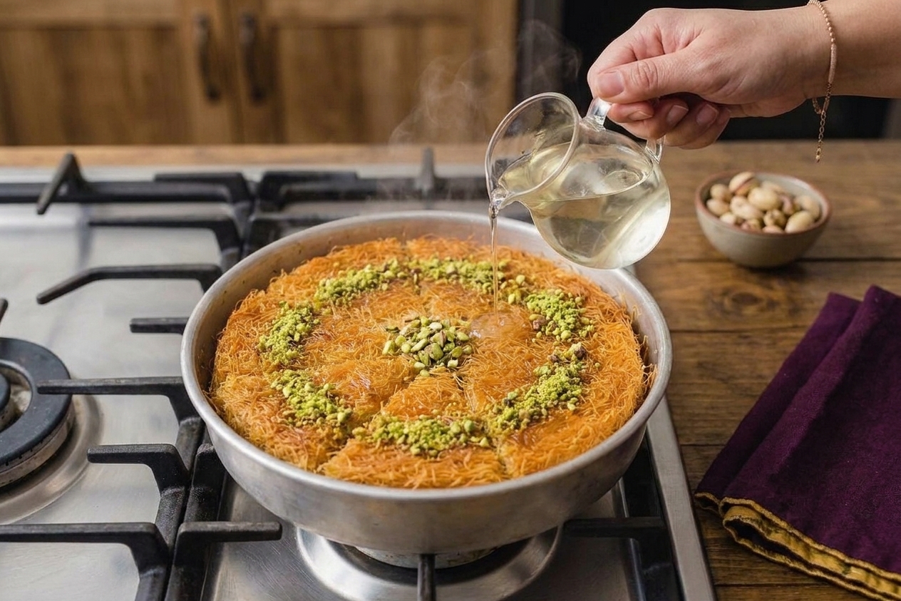 A freshly baked kunafa in a round pan with a deeply golden, crisp shredded pastry top on a stovetop