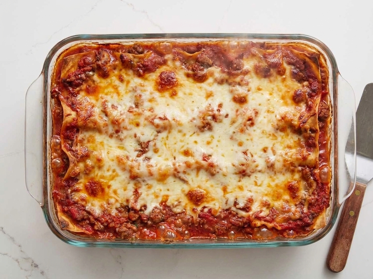 A freshly baked lasagna in a baking dish resting on a kitchen counter with slightly bubbled cheese on top and a serving spatula nearby