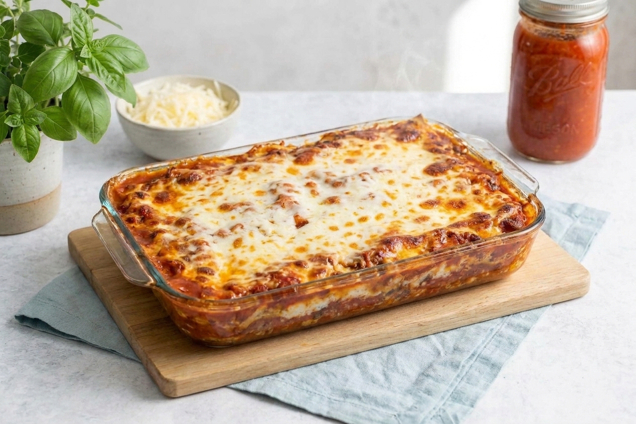 A freshly baked lasagna in a baking dish with browned mozzarella on top and bubbling sauce around the edges