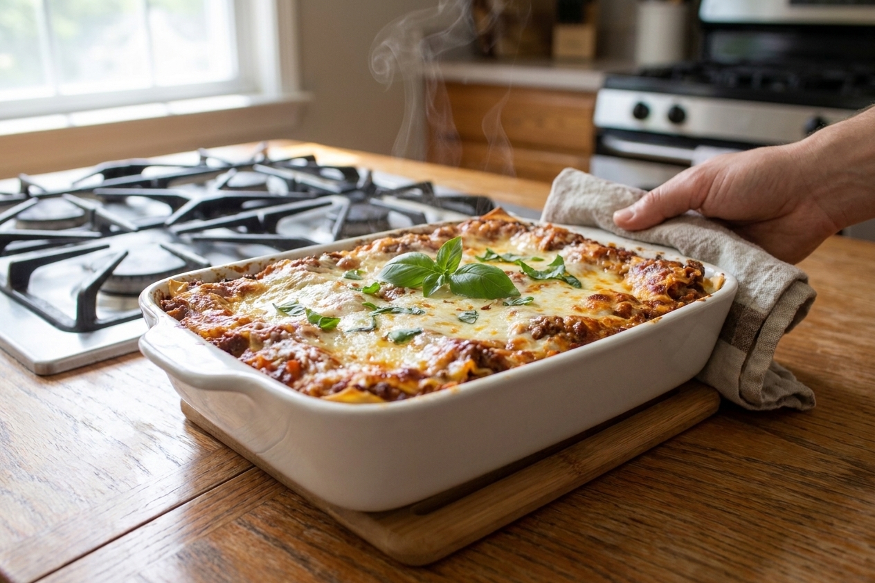 A freshly baked lasagna in a ceramic baking dish with a golden, bubbling cheese top cooling on a kitchen counter