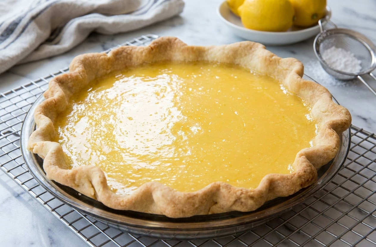 A freshly baked lemon tart in a tart pan resting on a wire rack, the surface glossy and just set, cooling on a kitchen counter