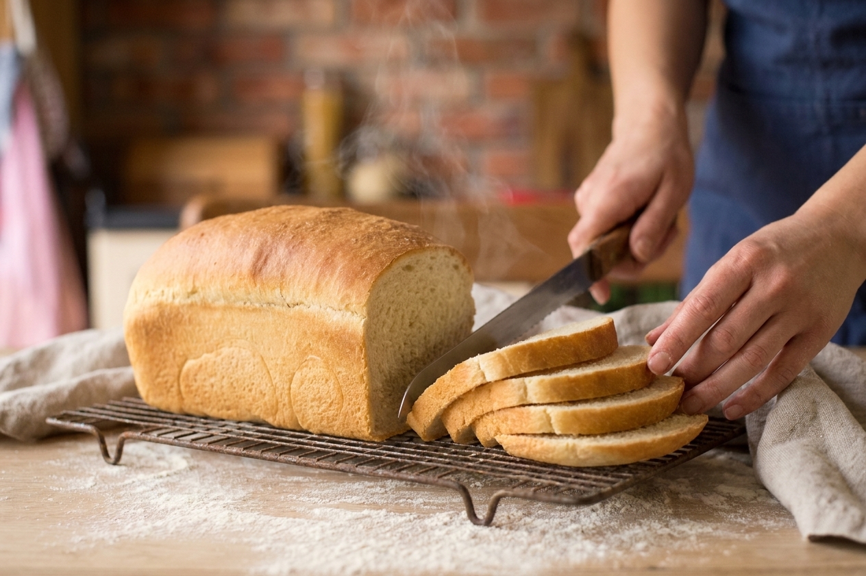 A freshly baked loaf of Amish white bread cooling on a wire rack with several slices cut and stacked