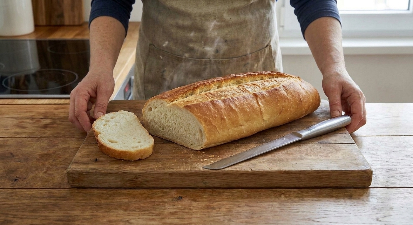 A freshly baked loaf of Cuban bread on a wooden cutting board with a crisp, split top crust and a soft, pale interior visible at one sliced end