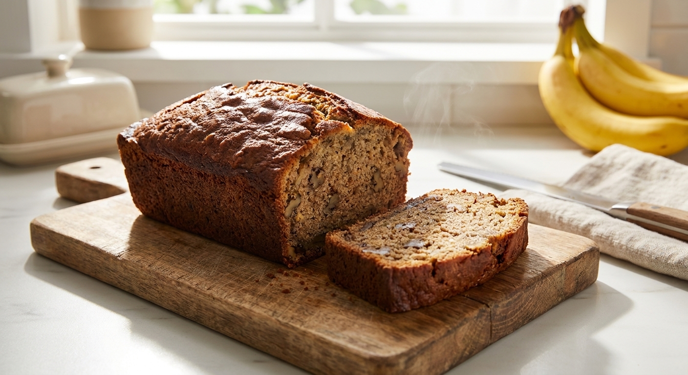 A freshly baked loaf of banana bread on a wooden cutting board on a bright kitchen counter, one slice cut to show a moist crumb, real food photography