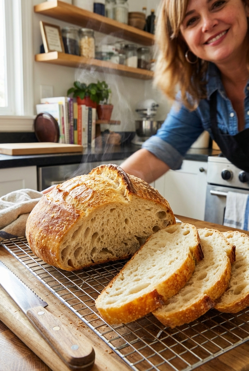 A freshly baked loaf of homemade bread cooling on a wire rack with several fluffy slices cut