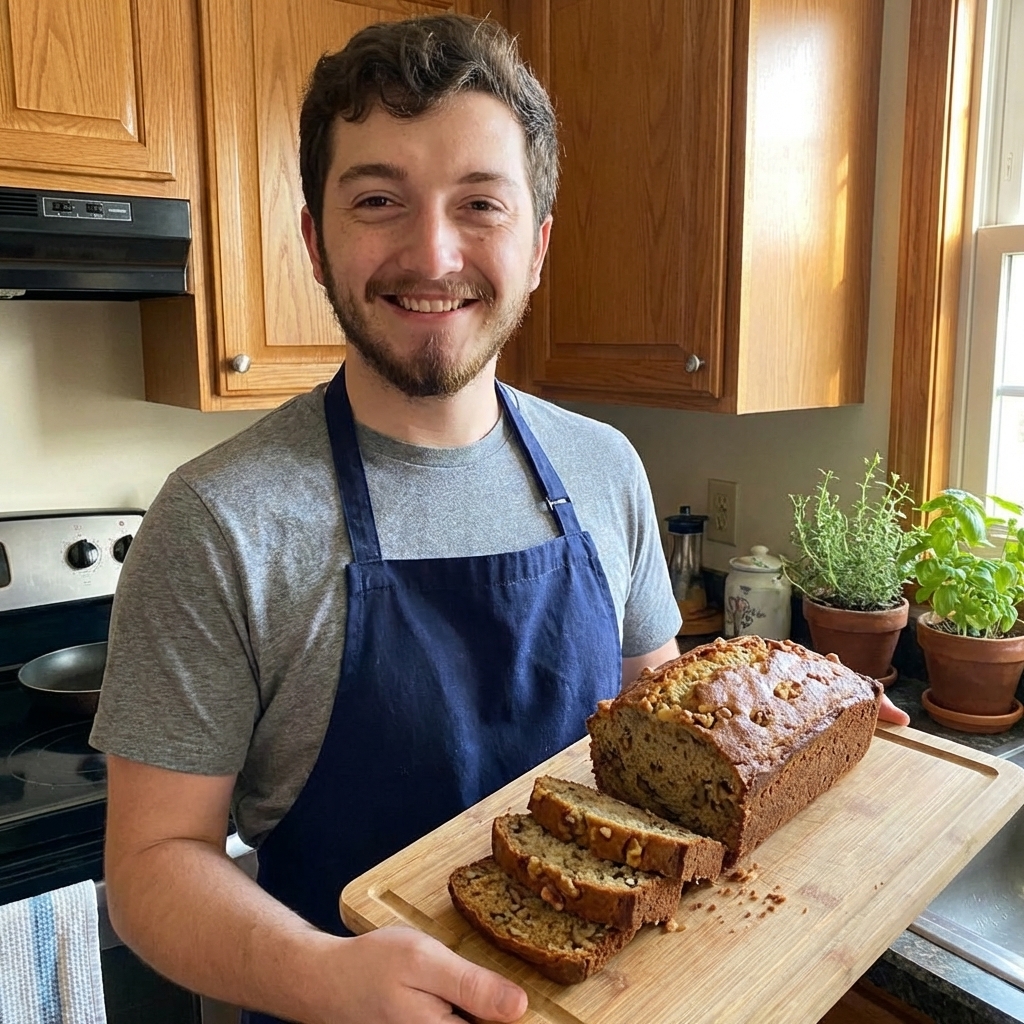A freshly baked loaf of moist banana nut bread studded with toasted walnuts, sliced to show a tender crumb, on a cutting board in a warm home kitchen