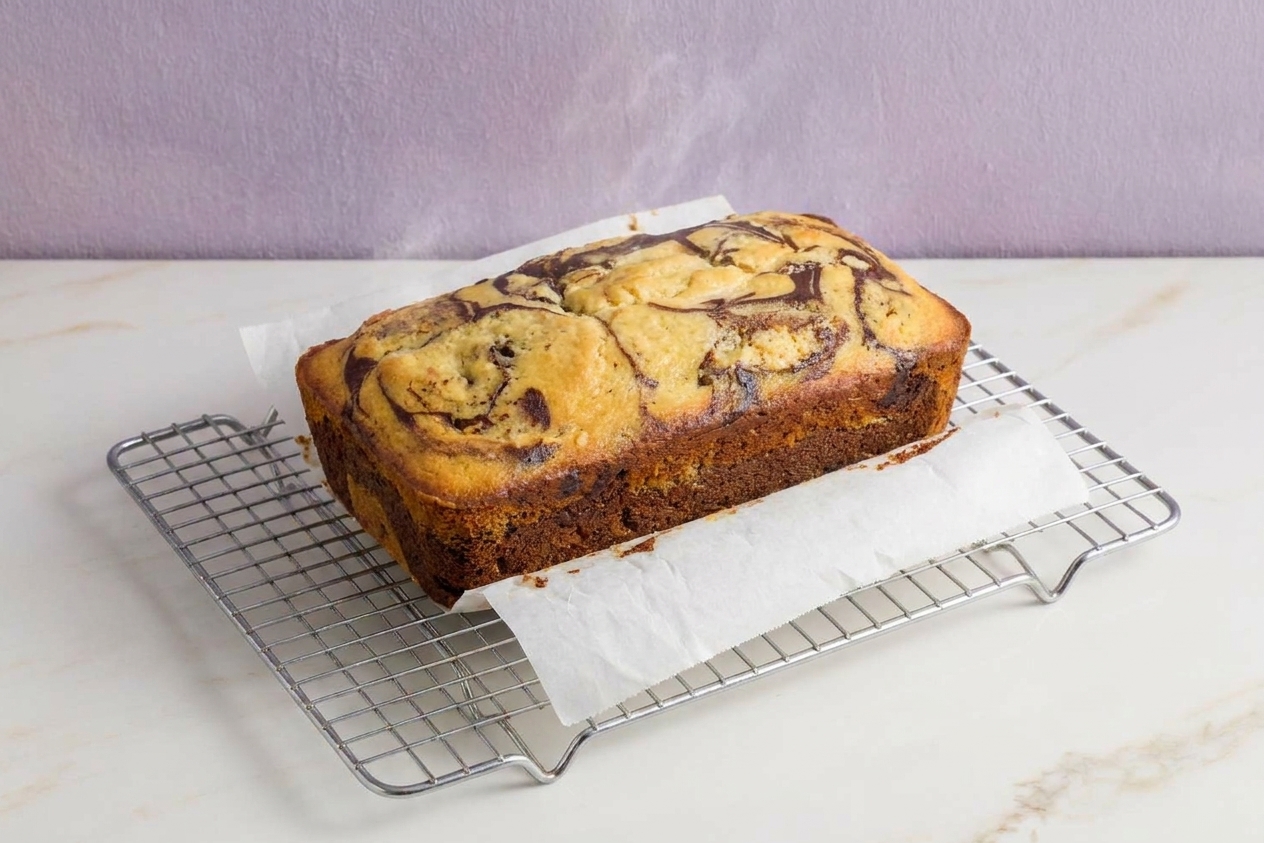 A freshly baked marble loaf cake cooling on a wire rack with a parchment overhang visible