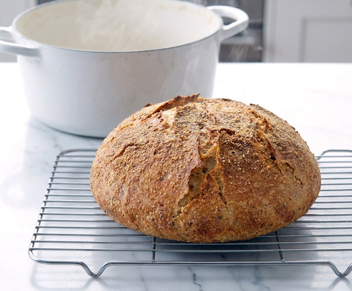 A freshly baked no-knead bread loaf cooling on a wire rack with a crackly golden crust in natural kitchen light