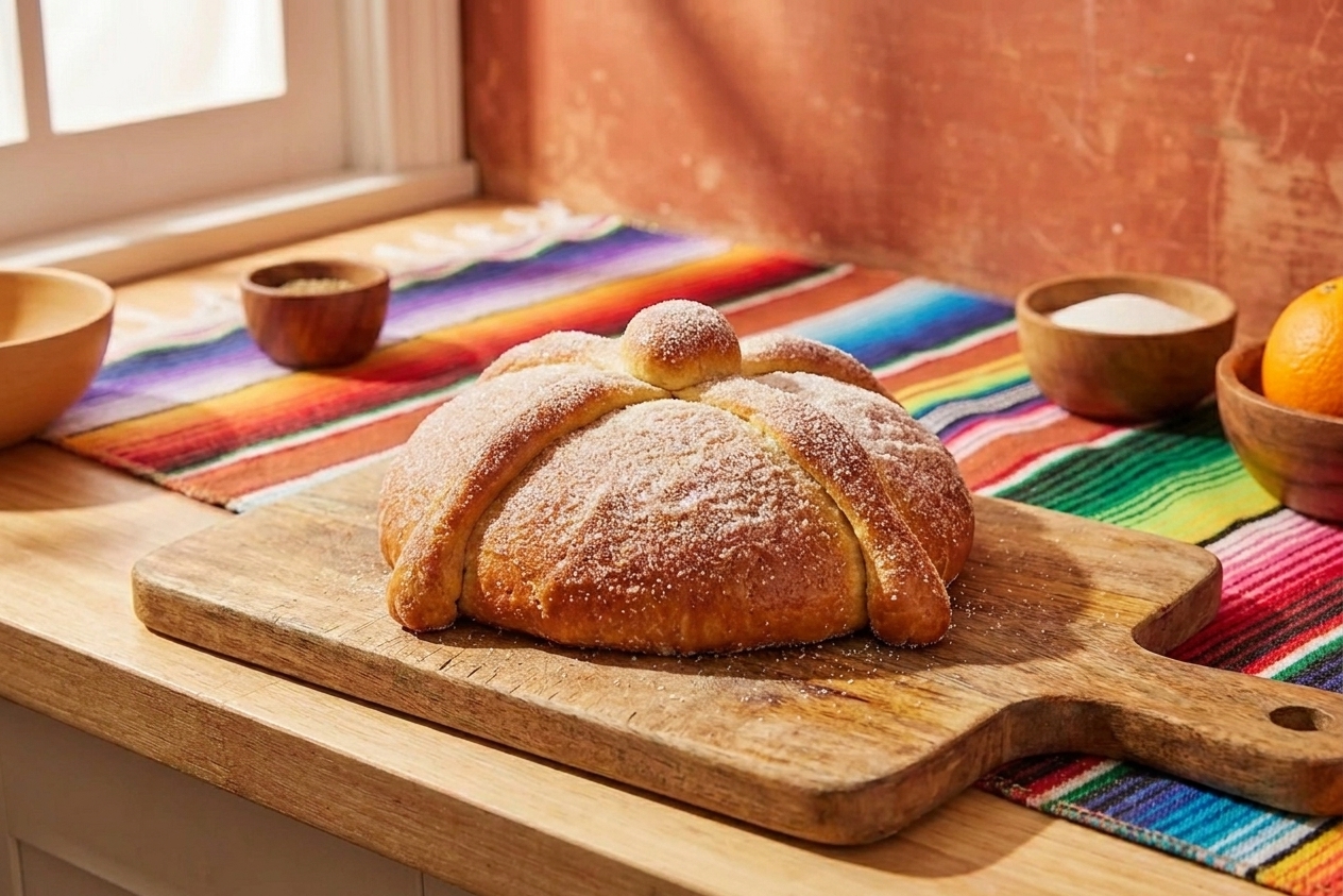 A freshly baked pan de muerto on a wooden board, topped with classic dough bones and a sugar coating, set on a warm kitchen table with soft afternoon light