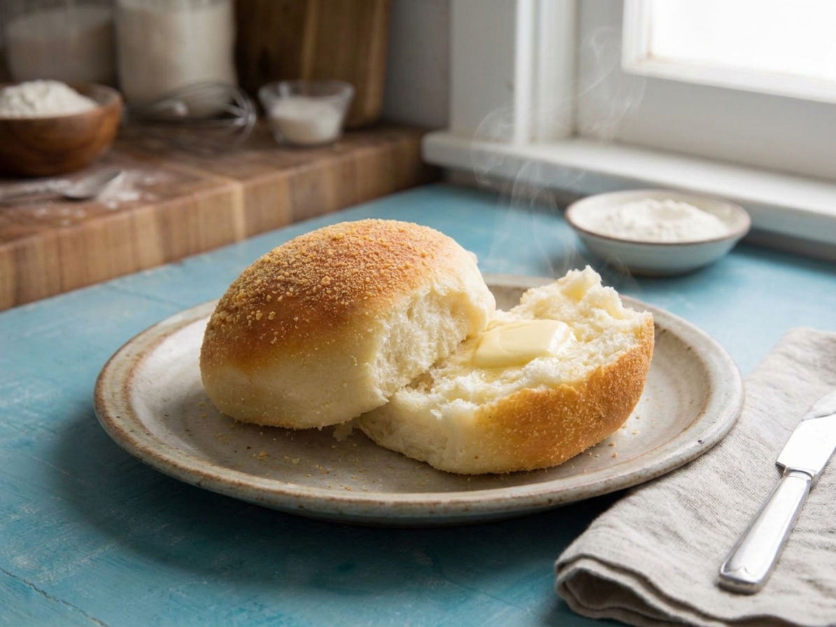 A freshly baked pandesal roll split open and spread with butter on a ceramic plate
