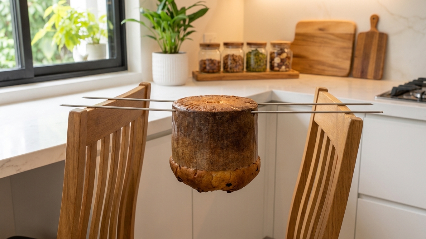 A freshly baked panettone hanging upside down by two metal skewers between two chair backs in a home kitchen as it cools