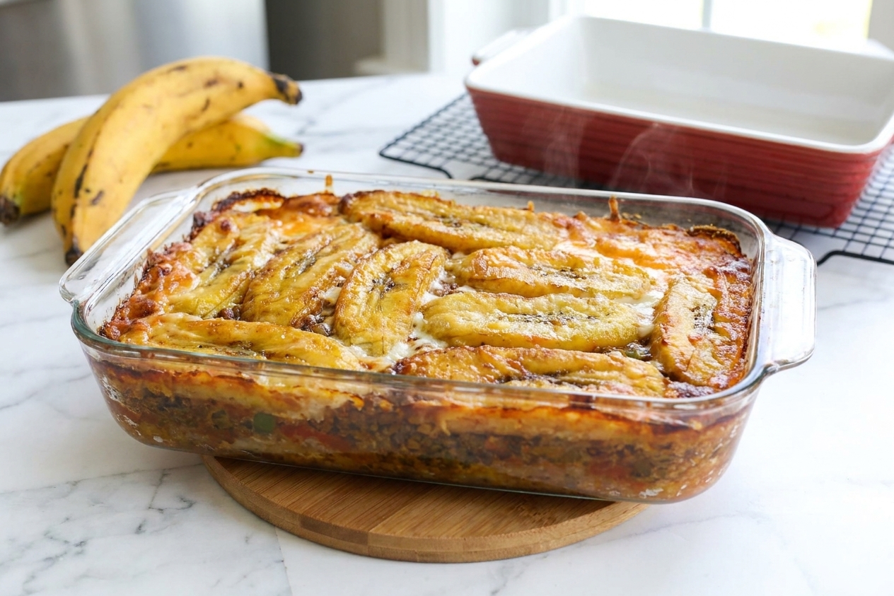 A freshly baked pastelón in a glass baking dish resting on a wooden trivet on a kitchen counter, golden plantains on top and cheese bubbling at the edges