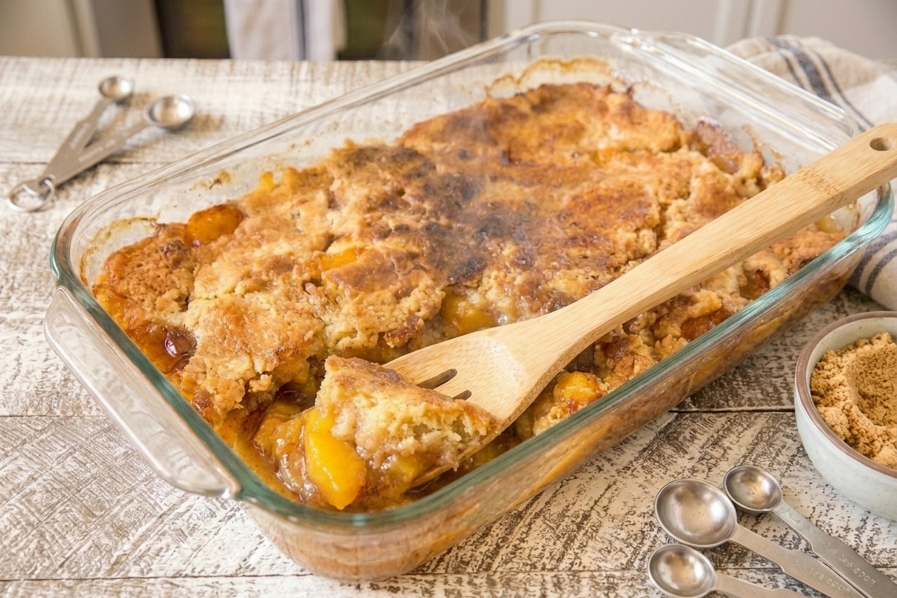 A freshly baked peach cobbler with a golden buttery topping cooling in a glass 9x13-inch baking dish on a kitchen counter