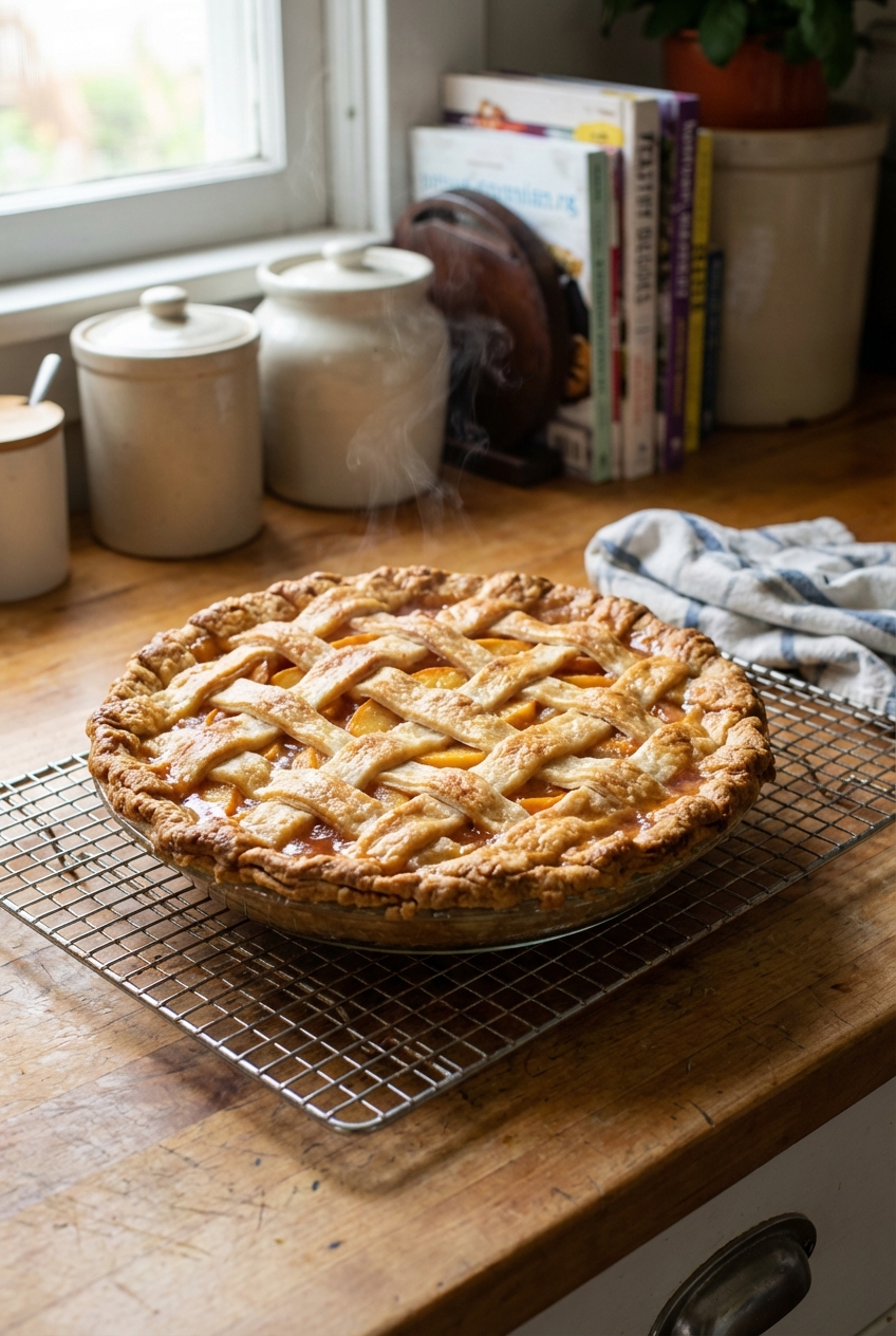 A freshly baked peach pie with a flaky crust on a cooling rack