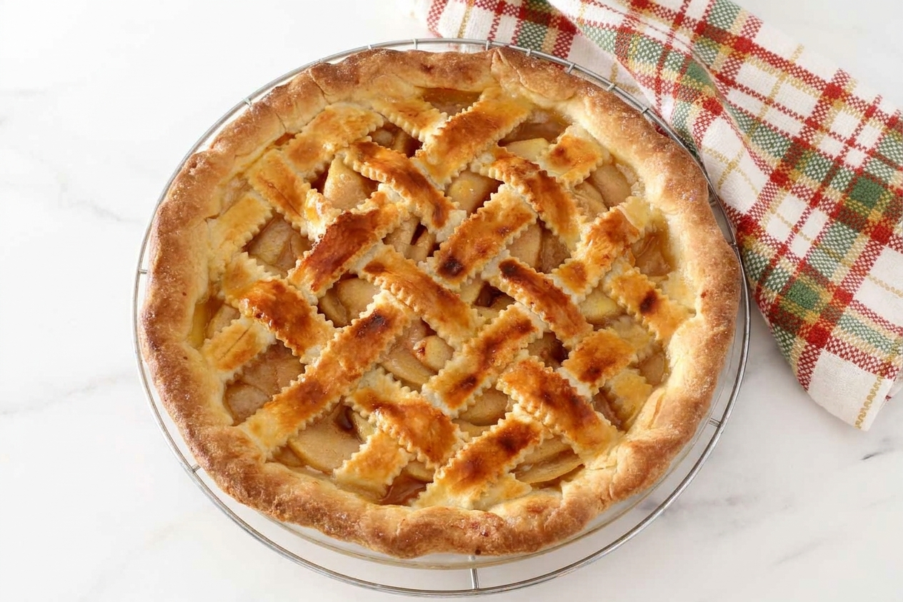 A freshly baked pear pie cooling on a wire rack on a wooden counter