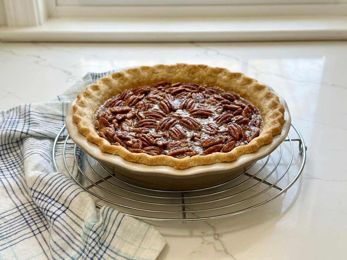 A freshly baked pecan pie cooling on a wire rack on a kitchen counter with a glossy top and browned crust