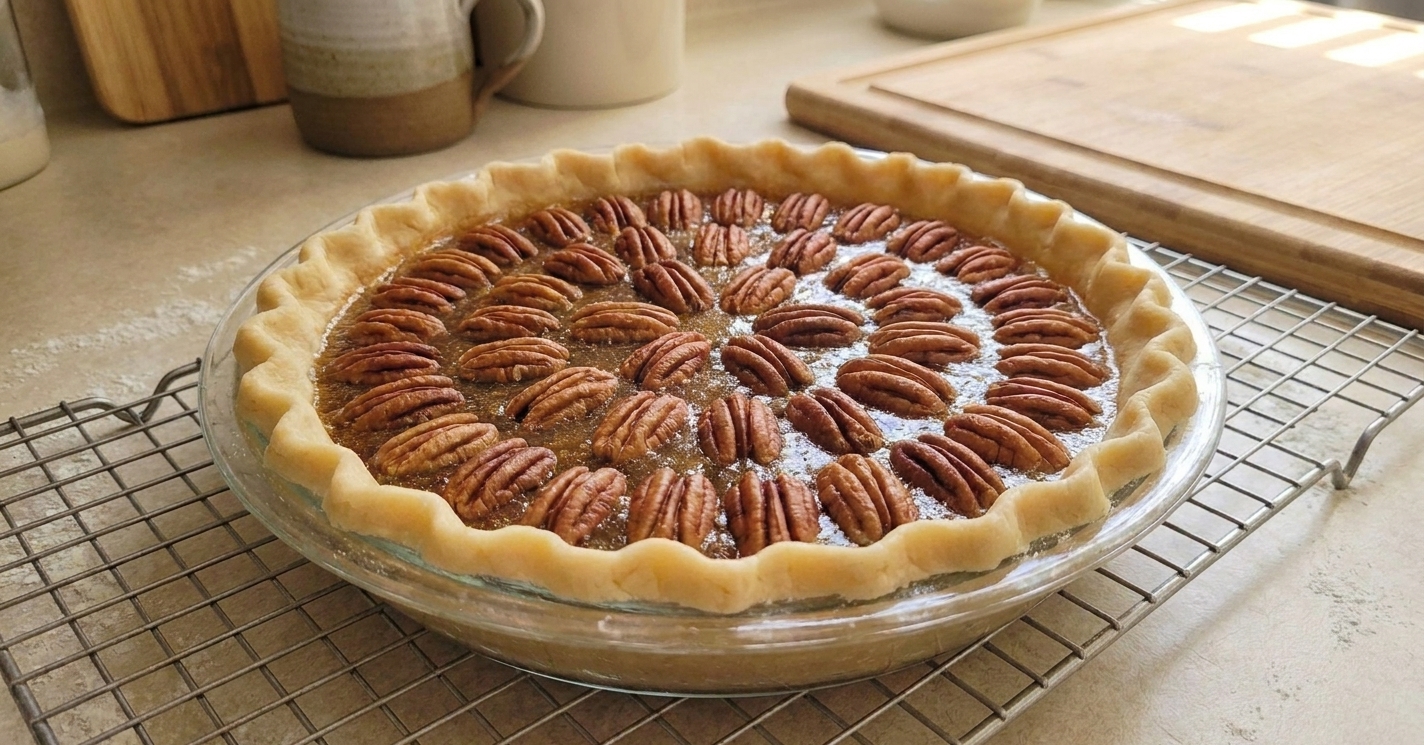 A freshly baked pecan pie cooling on a wire rack with a glossy pecan top in warm kitchen light