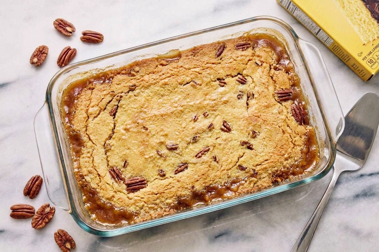 A freshly baked pecan pie dump cake with a golden buttery top and bubbling caramel edges cooling in the baking dish