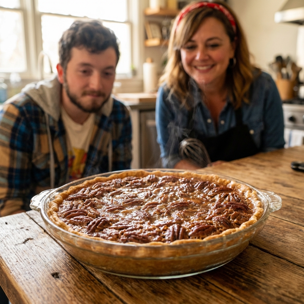 A freshly baked pecan pie with a glossy pecan topping in a glass pie dish on a wooden table