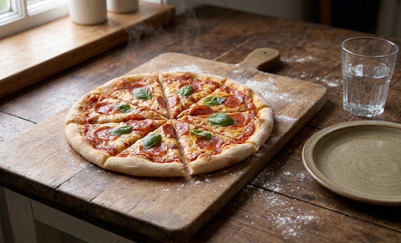 A freshly baked pizza sliced on a wooden board on a kitchen table with a simple plate and a glass of water nearby