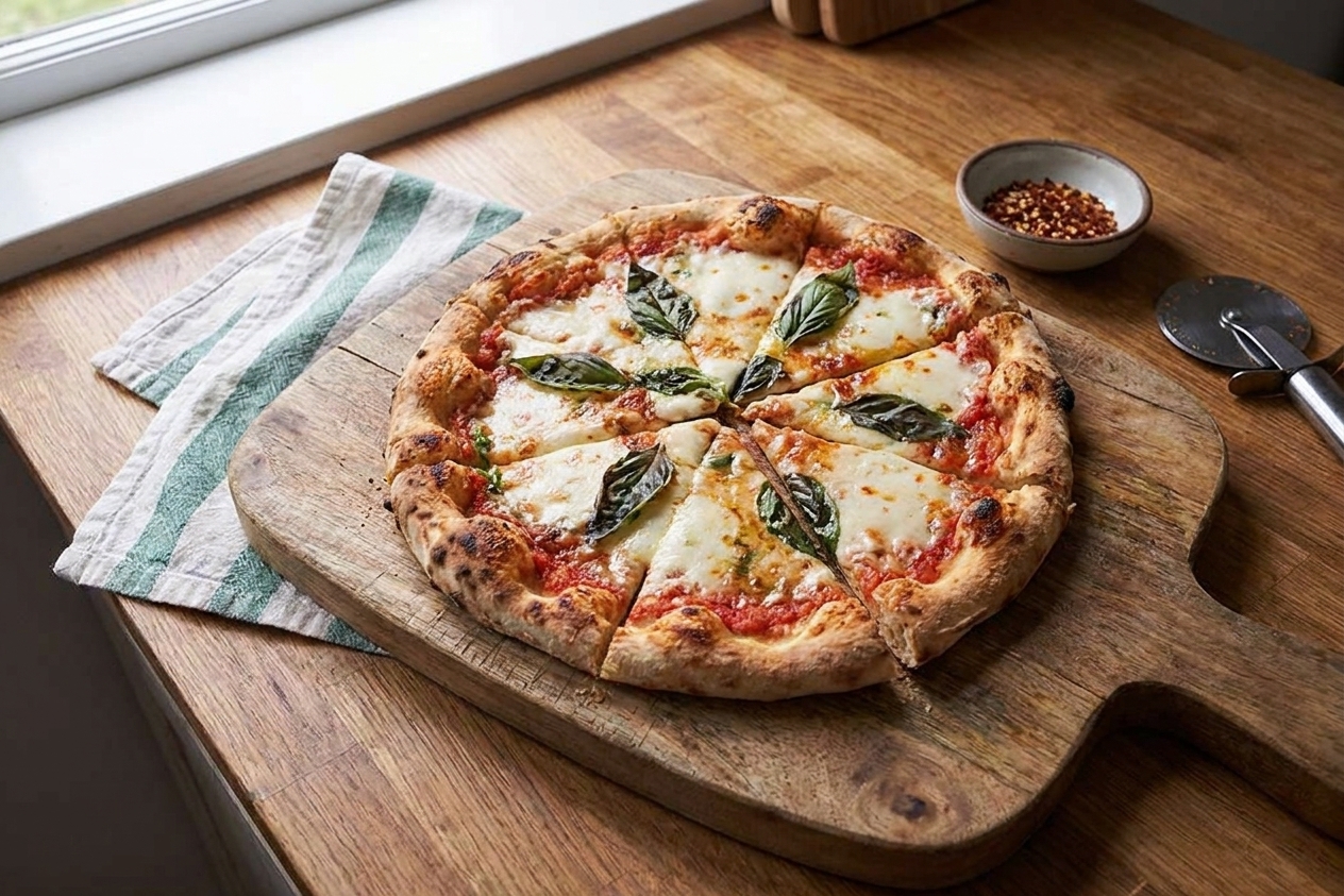 A freshly baked pizza sliced on a wooden cutting board on a kitchen table with a simple linen napkin and a small bowl of red pepper flakes
