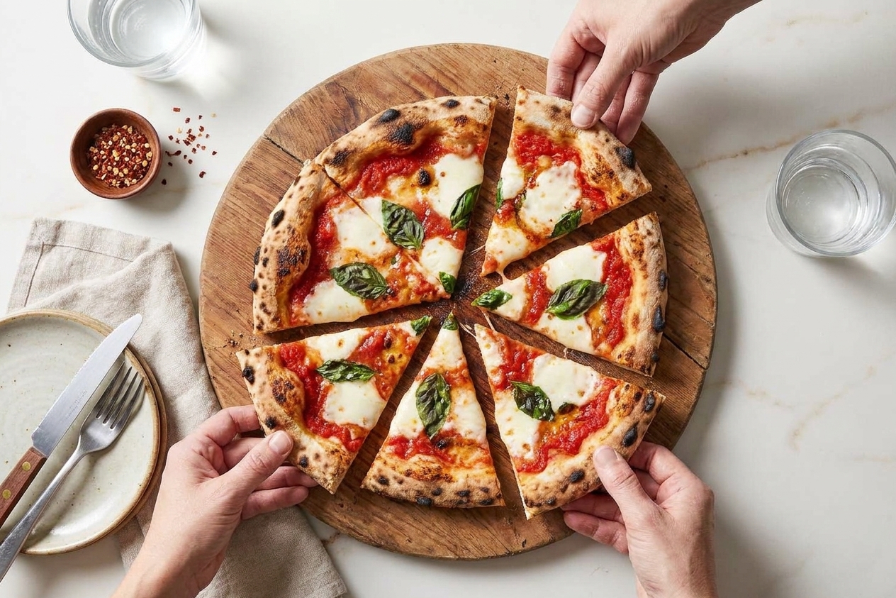 A freshly baked pizza sliced on a wooden cutting board with a simple table setting