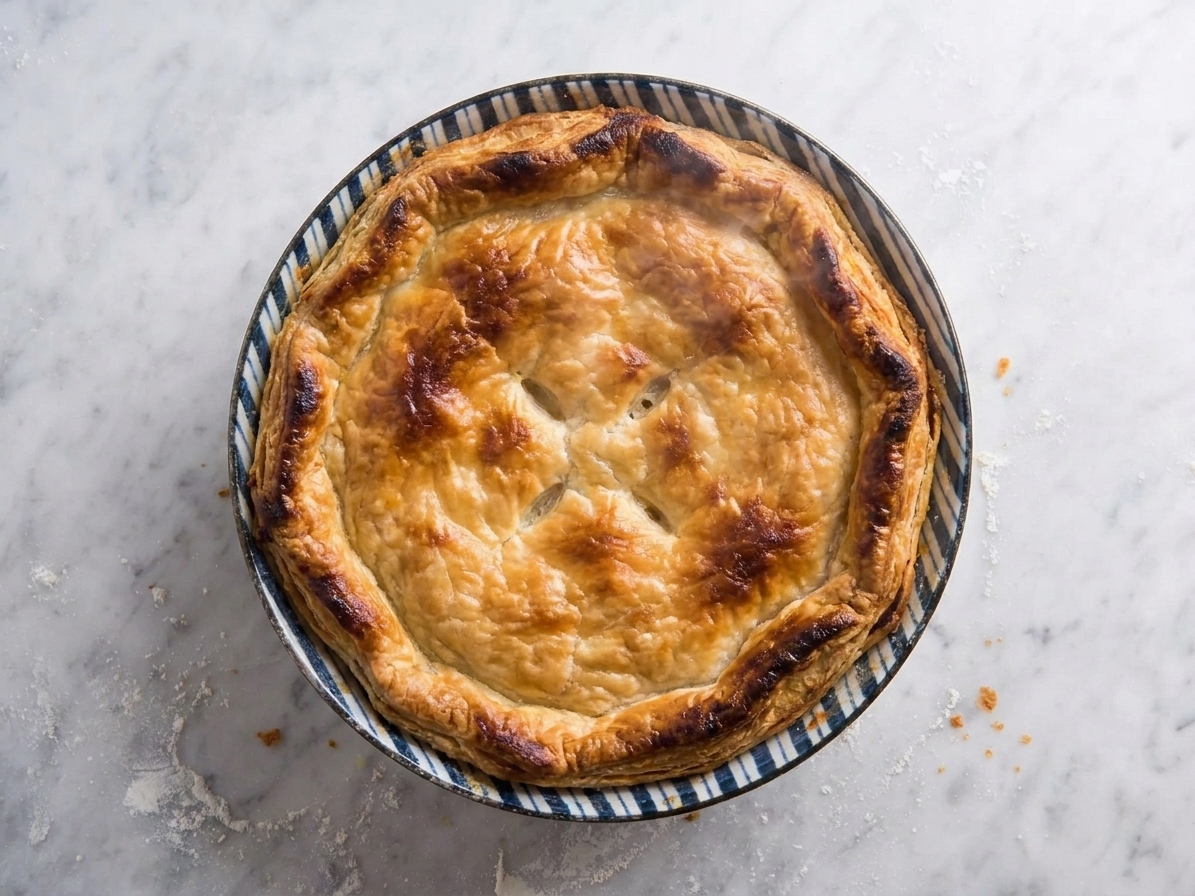 A freshly baked pot pie in a ceramic dish with a deeply golden, flaky top crust and crisp edges on a neutral kitchen counter in warm natural light