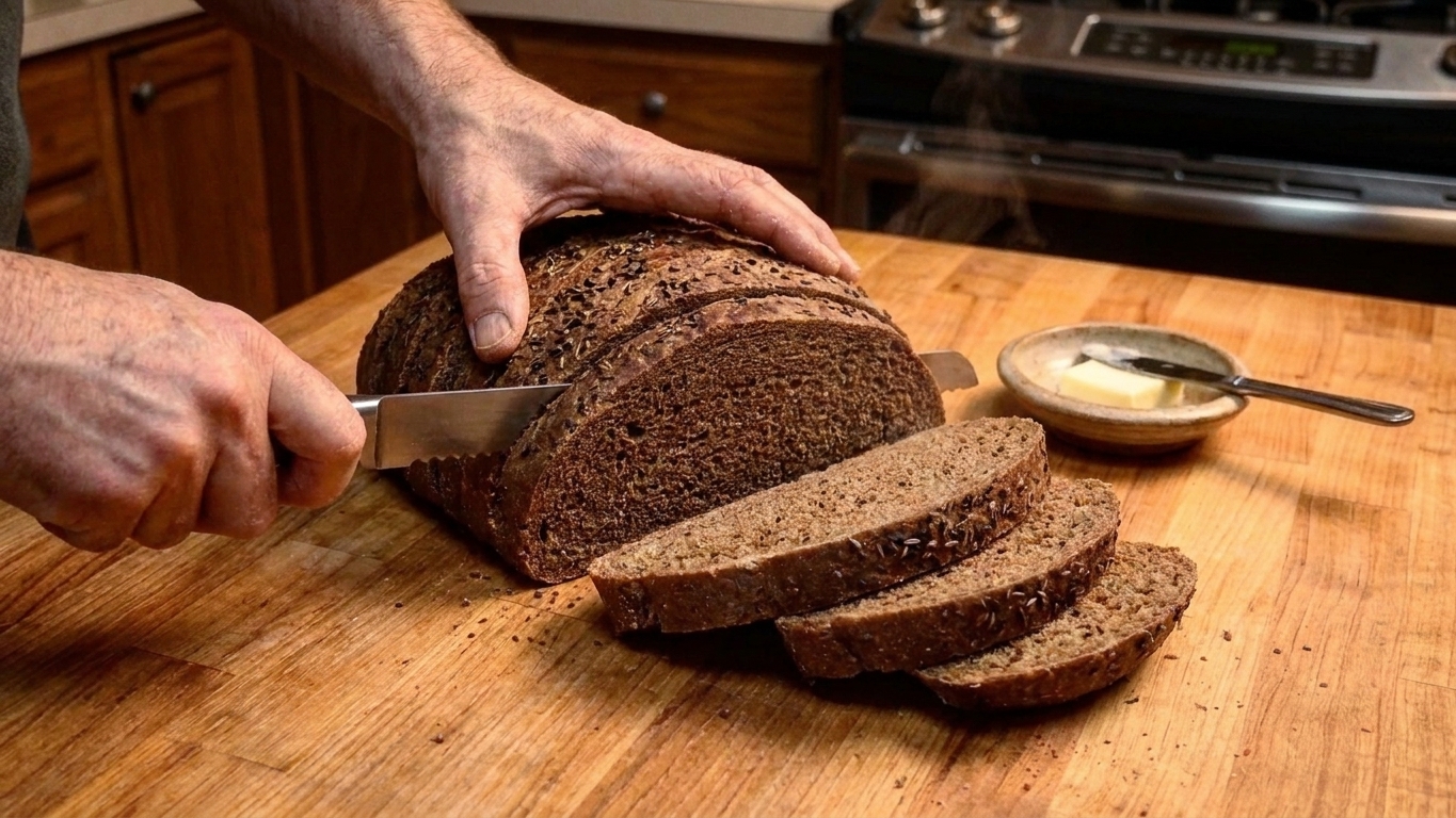 A freshly baked pumpernickel loaf with a deep brown crust, sliced to show a tender dark crumb on a wooden cutting board in a warm home kitchen