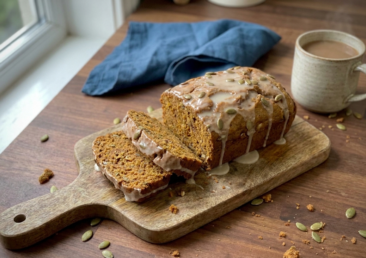 A freshly baked pumpkin loaf sliced on a wooden cutting board with a light vanilla glaze dripping over the top, set on a warm-toned kitchen counter with soft natural light
