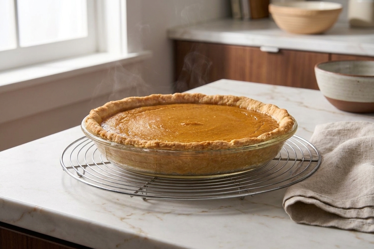 A freshly baked pumpkin pie cooling on a metal rack on a kitchen counter in soft natural light